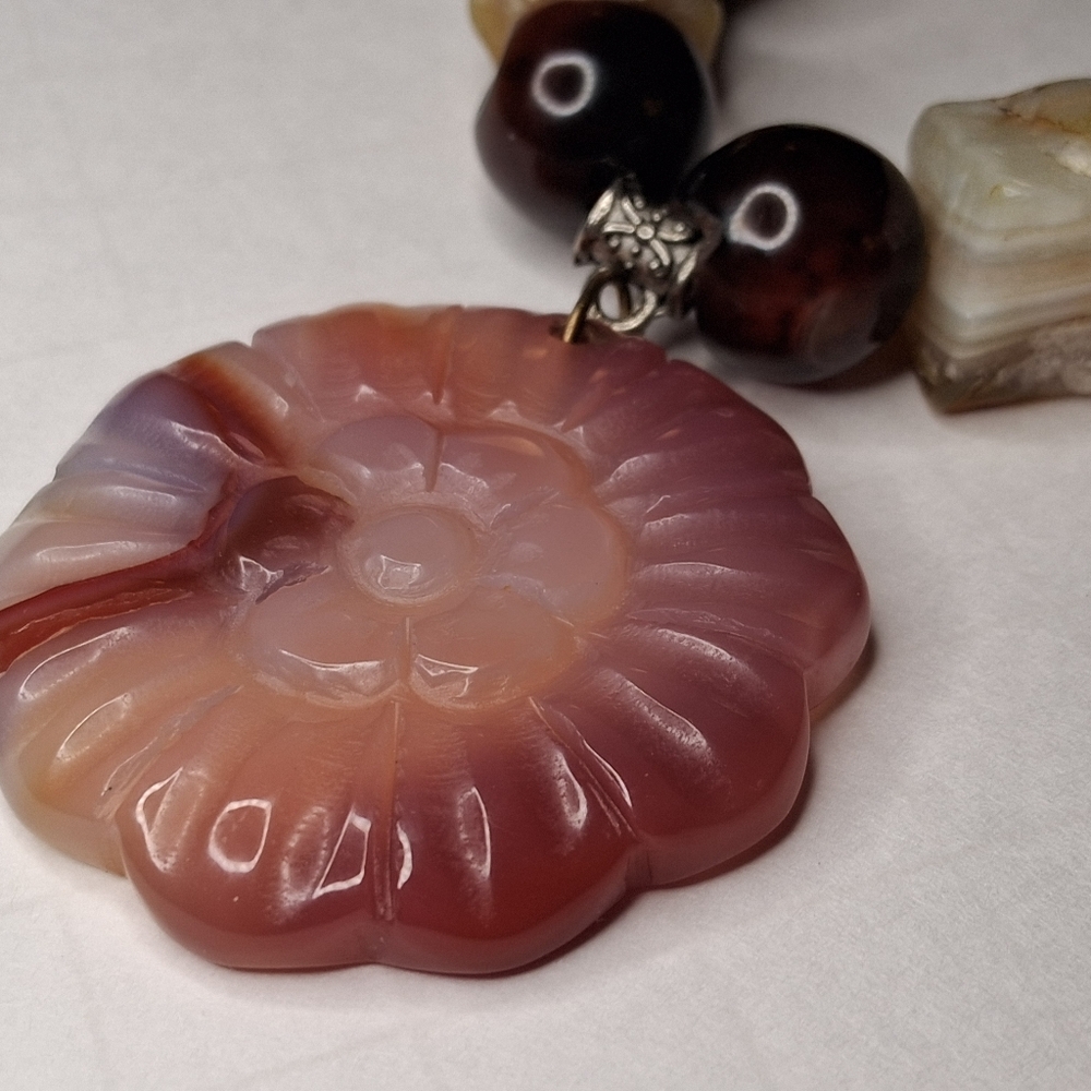 Vintage Beaded Necklace with Banded Agate Flower Pendant + Rare EYEBALL Bead
